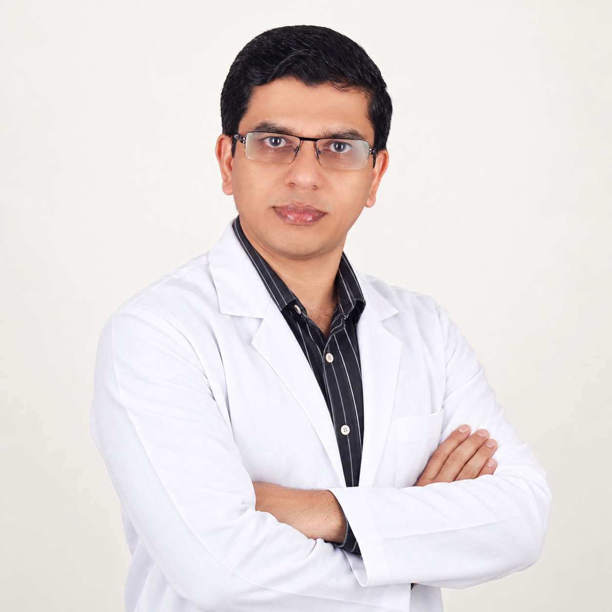 AI-enhanced portrait of Dr. Muralidhar in a white doctor’s coat with arms crossed