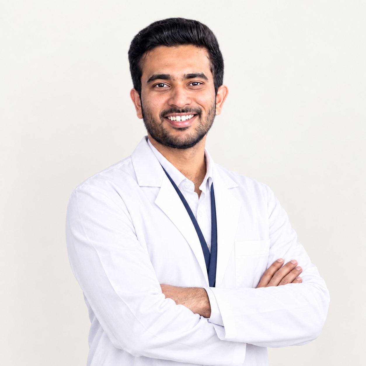 AI-enhanced portrait of Dr. Shamanth Y K in a white doctor’s coat with arms crossed