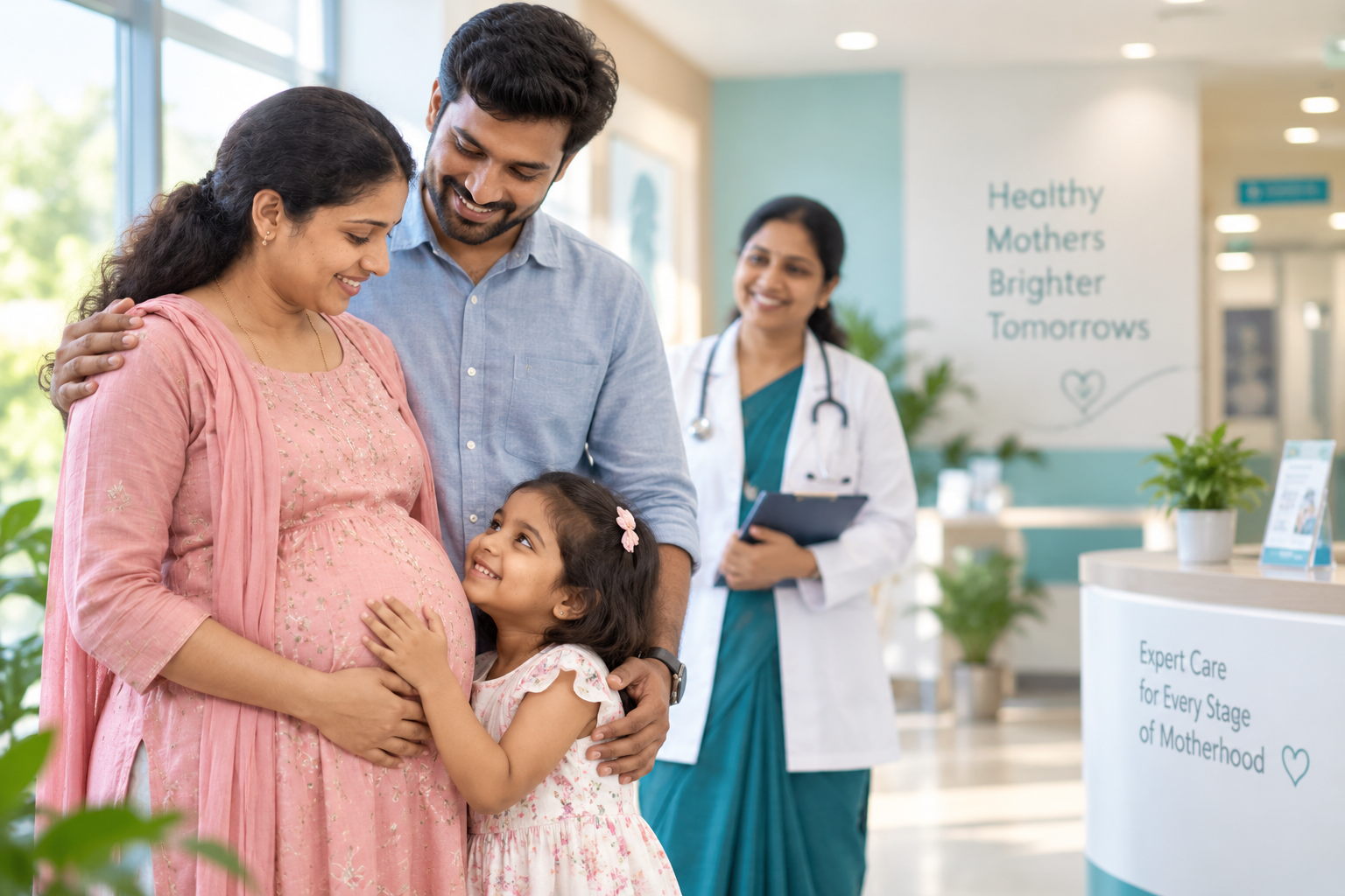 A South Indian woman discussing antenatal care with a female doctor in a Karnataka-inspired clinic